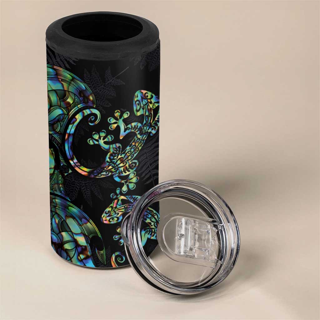 New Zealand Gecko Maori Art Tattoo 4 in 1 Can Cooler Tumbler Paua Shell Mode with Silver Fern Pattern LT03 - Polynesian Pride