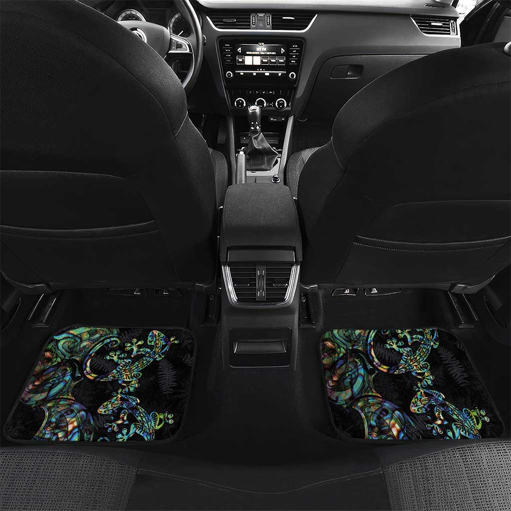 New Zealand Gecko Maori Art Tattoo Car Mats Silver Fern and Paua Shell Mode LT03 Set 2pcs - Back Black - Polynesian Pride