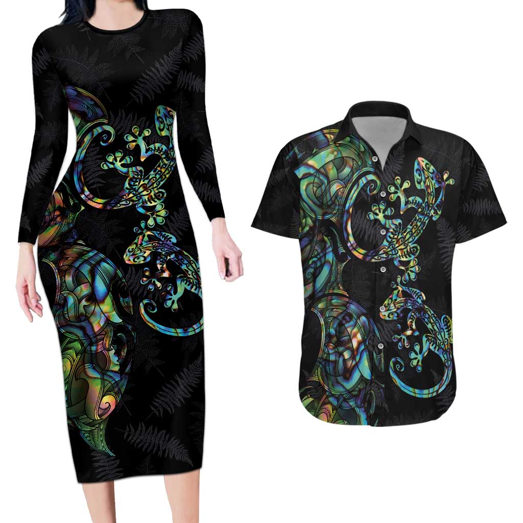 New Zealand Gecko Maori Art Tattoo Couples Matching Long Sleeve Bodycon Dress and Hawaiian Shirt Silver Fern and Paua Shell Mode LT03 Black - Polynesian Pride