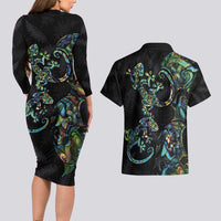 New Zealand Gecko Maori Art Tattoo Couples Matching Long Sleeve Bodycon Dress and Hawaiian Shirt Silver Fern and Paua Shell Mode LT03 - Polynesian Pride