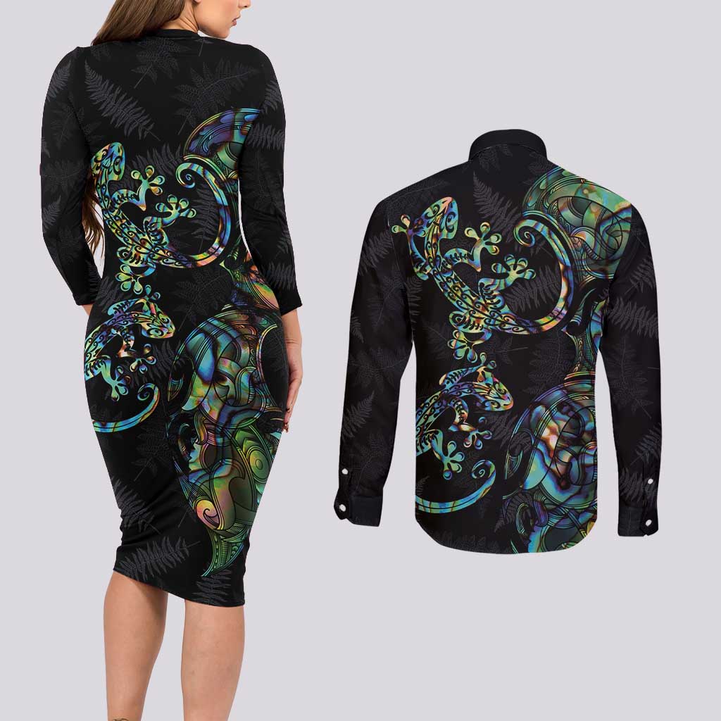 New Zealand Gecko Maori Art Tattoo Couples Matching Long Sleeve Bodycon Dress and Long Sleeve Button Shirt Silver Fern and Paua Shell Mode LT03 - Polynesian Pride
