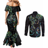 New Zealand Gecko Maori Art Tattoo Couples Matching Mermaid Dress and Long Sleeve Button Shirt Silver Fern and Paua Shell Mode LT03 - Polynesian Pride