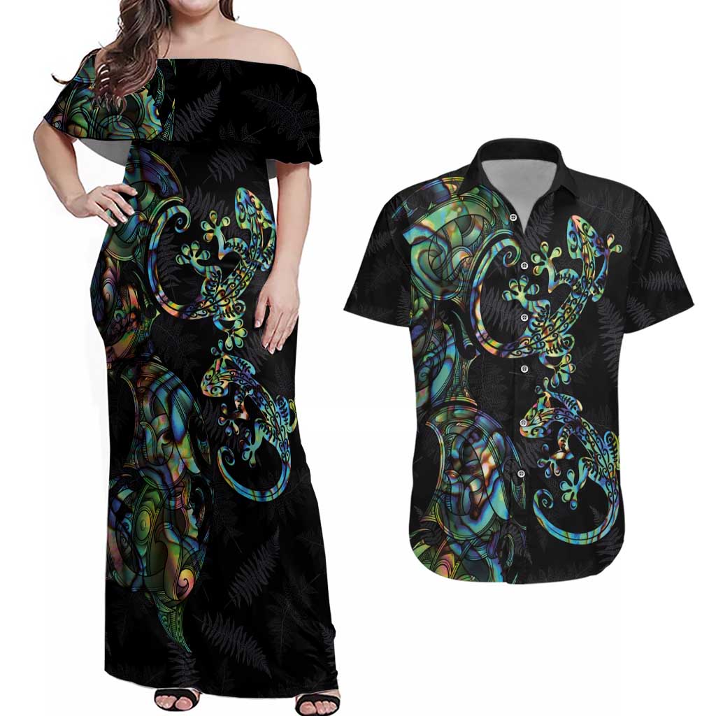 New Zealand Gecko Maori Art Tattoo Couples Matching Off Shoulder Maxi Dress and Hawaiian Shirt Silver Fern and Paua Shell Mode LT03 Black - Polynesian Pride