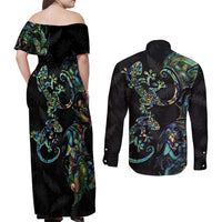 New Zealand Gecko Maori Art Tattoo Couples Matching Off Shoulder Maxi Dress and Long Sleeve Button Shirt Silver Fern and Paua Shell Mode LT03 - Polynesian Pride