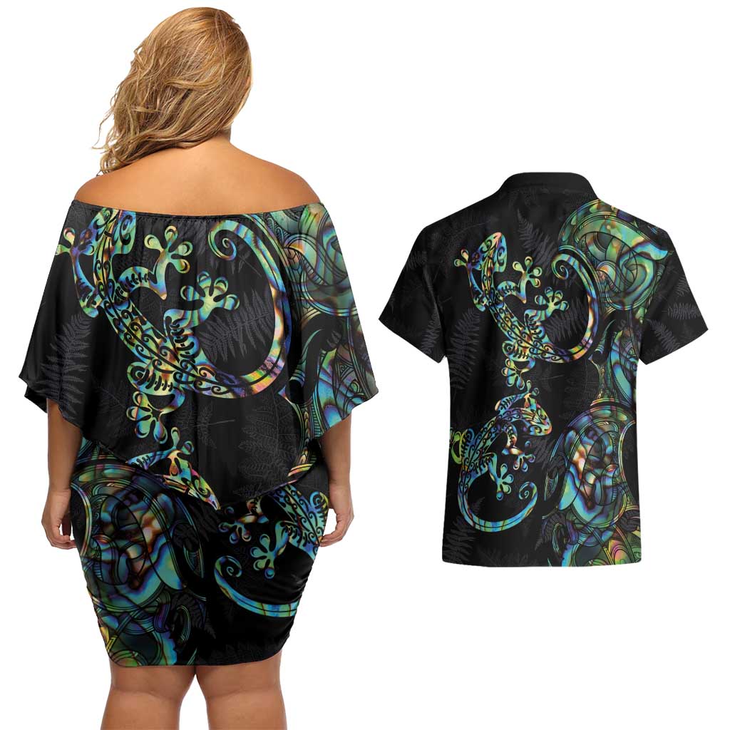 New Zealand Gecko Maori Art Tattoo Couples Matching Off Shoulder Short Dress and Hawaiian Shirt Silver Fern and Paua Shell Mode LT03 - Polynesian Pride
