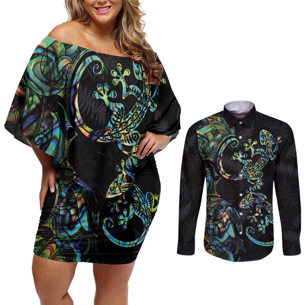 New Zealand Gecko Maori Art Tattoo Couples Matching Off Shoulder Short Dress and Long Sleeve Button Shirt Silver Fern and Paua Shell Mode LT03 Black - Polynesian Pride