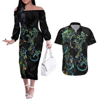 New Zealand Gecko Maori Art Tattoo Couples Matching Off The Shoulder Long Sleeve Dress and Hawaiian Shirt Silver Fern and Paua Shell Mode LT03 Black - Polynesian Pride