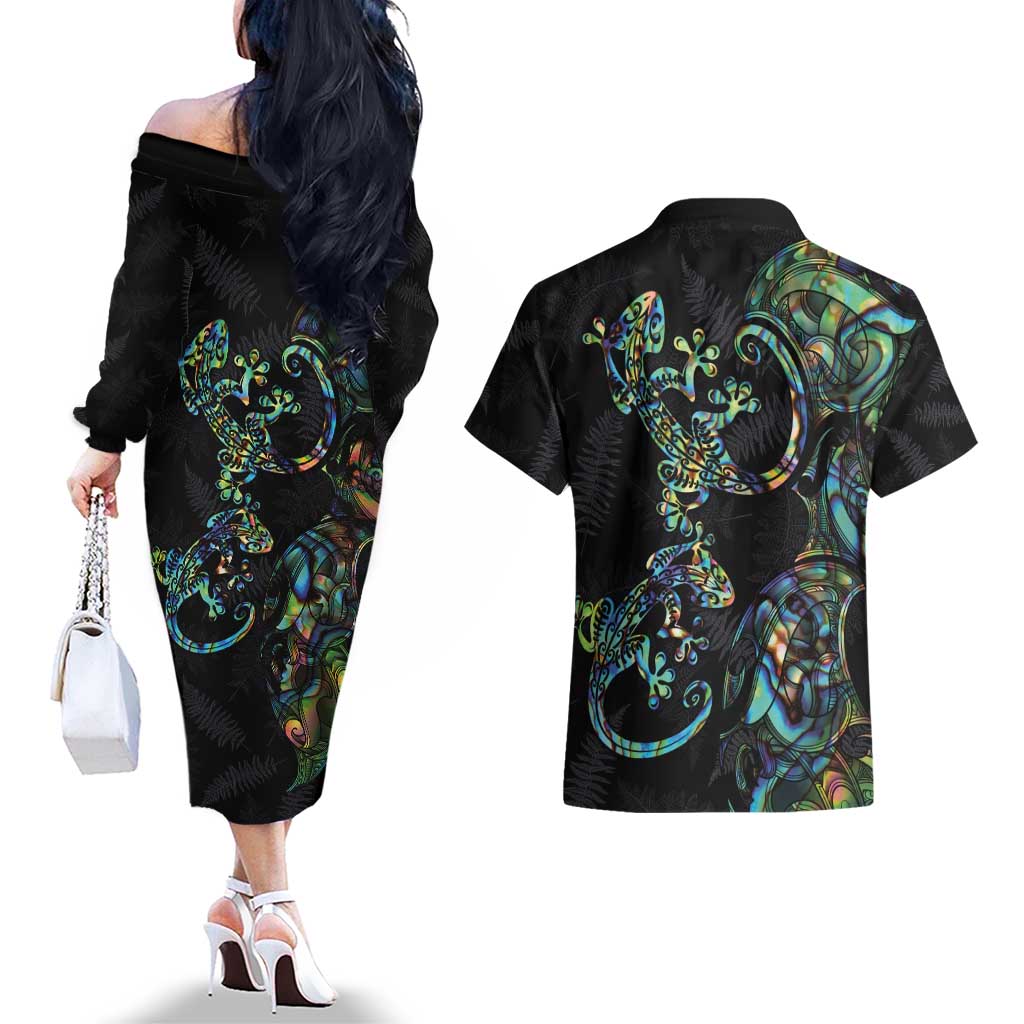 New Zealand Gecko Maori Art Tattoo Couples Matching Off The Shoulder Long Sleeve Dress and Hawaiian Shirt Silver Fern and Paua Shell Mode LT03 - Polynesian Pride