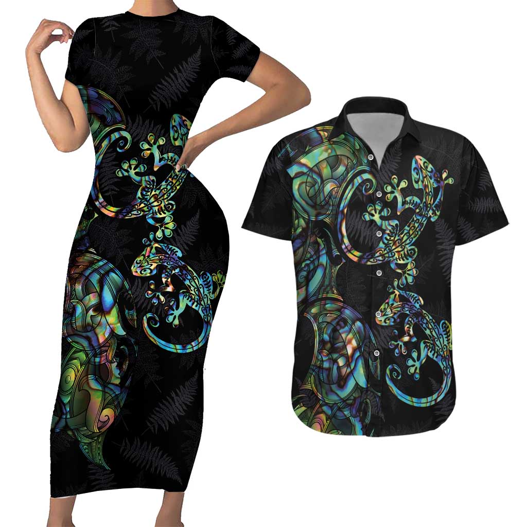 New Zealand Gecko Maori Art Tattoo Couples Matching Short Sleeve Bodycon Dress and Hawaiian Shirt Silver Fern and Paua Shell Mode LT03 Black - Polynesian Pride