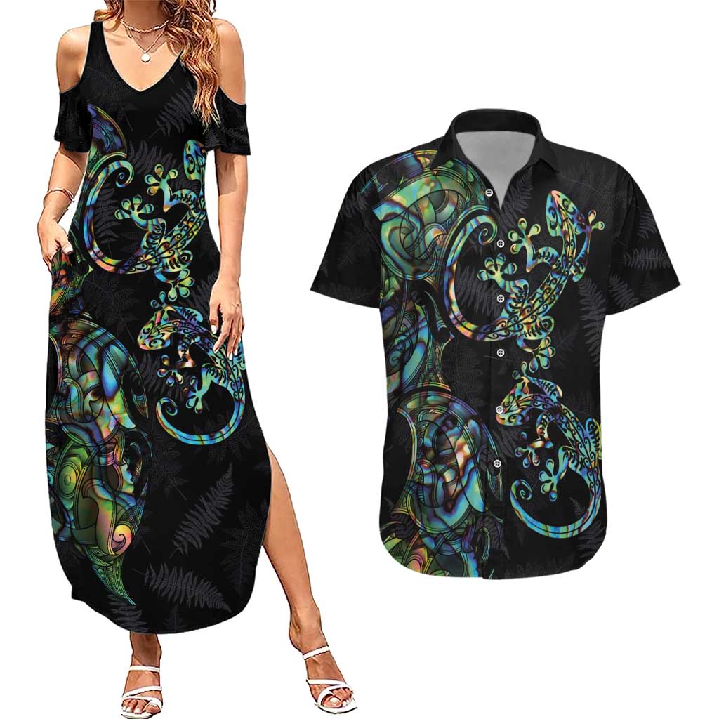 New Zealand Gecko Maori Art Tattoo Couples Matching Summer Maxi Dress and Hawaiian Shirt Silver Fern and Paua Shell Mode LT03 Black - Polynesian Pride