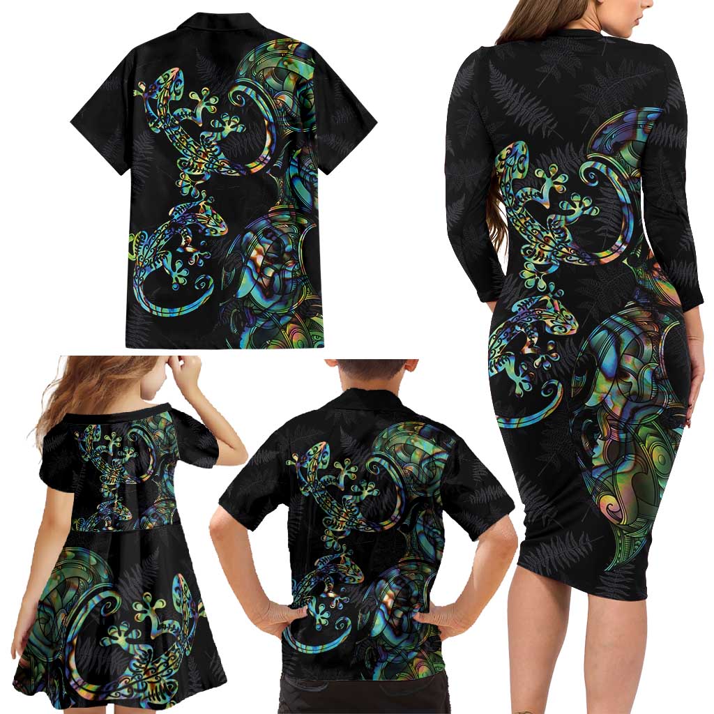 New Zealand Gecko Maori Art Tattoo Family Matching Long Sleeve Bodycon Dress and Hawaiian Shirt Silver Fern and Paua Shell Mode LT03 - Polynesian Pride