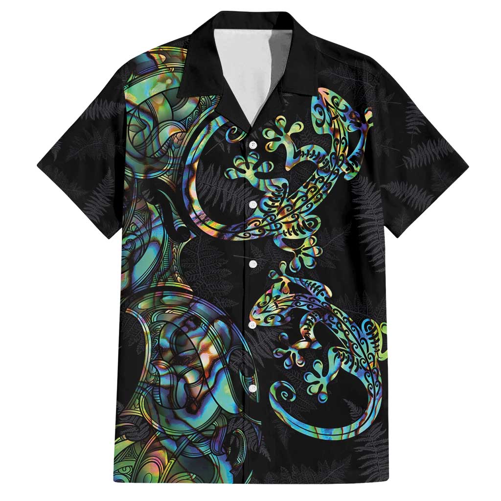 New Zealand Gecko Maori Art Tattoo Family Matching Long Sleeve Bodycon Dress and Hawaiian Shirt Silver Fern and Paua Shell Mode LT03 Dad's Shirt - Short Sleeve Black - Polynesian Pride