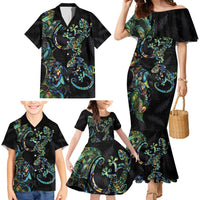 New Zealand Gecko Maori Art Tattoo Family Matching Mermaid Dress and Hawaiian Shirt Silver Fern and Paua Shell Mode LT03 - Polynesian Pride