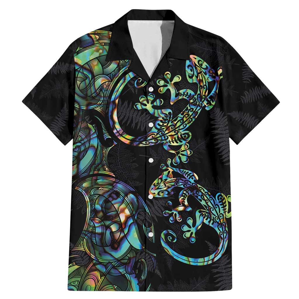 New Zealand Gecko Maori Art Tattoo Family Matching Mermaid Dress and Hawaiian Shirt Silver Fern and Paua Shell Mode LT03 Dad's Shirt - Short Sleeve Black - Polynesian Pride