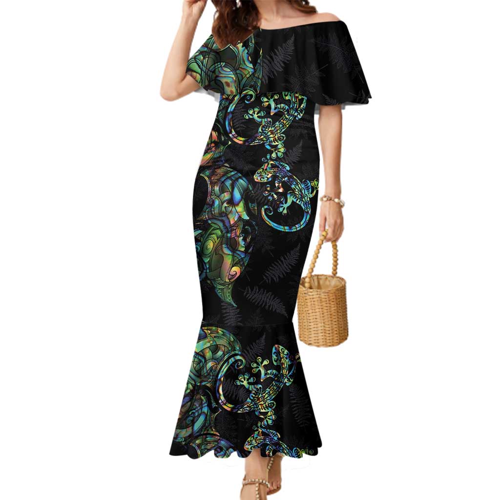 New Zealand Gecko Maori Art Tattoo Family Matching Mermaid Dress and Hawaiian Shirt Silver Fern and Paua Shell Mode LT03 Mom's Dress Black - Polynesian Pride