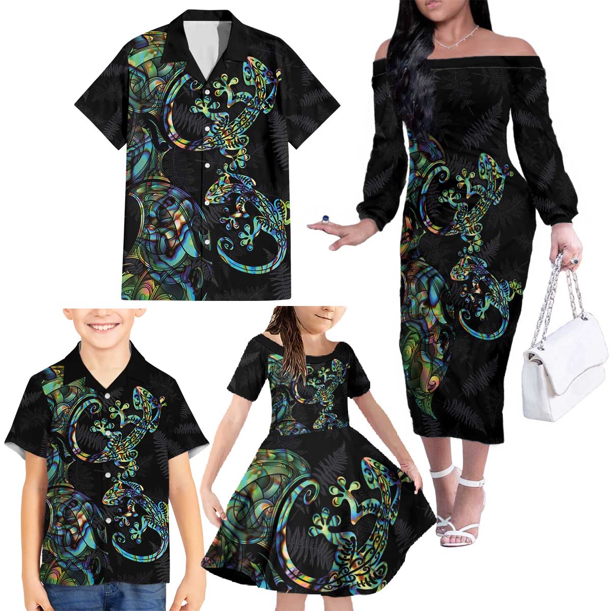 New Zealand Gecko Maori Art Tattoo Family Matching Off The Shoulder Long Sleeve Dress and Hawaiian Shirt Silver Fern and Paua Shell Mode LT03 - Polynesian Pride