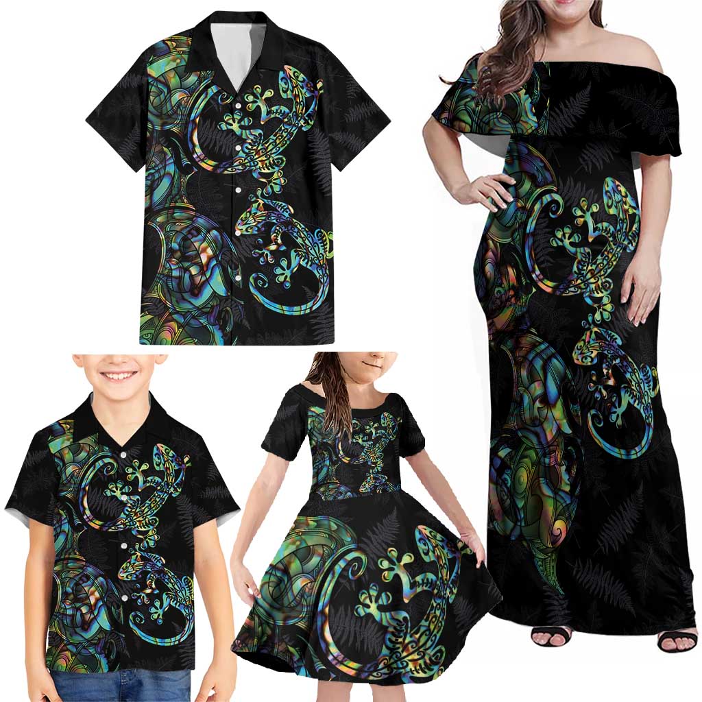 New Zealand Gecko Maori Art Tattoo Family Matching Off Shoulder Maxi Dress and Hawaiian Shirt Silver Fern and Paua Shell Mode LT03 - Polynesian Pride