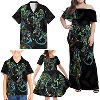 New Zealand Gecko Maori Art Tattoo Family Matching Off Shoulder Maxi Dress and Hawaiian Shirt Silver Fern and Paua Shell Mode LT03 - Polynesian Pride