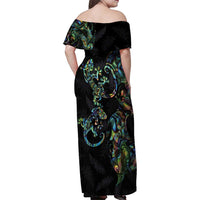 New Zealand Gecko Maori Art Tattoo Family Matching Off Shoulder Maxi Dress and Hawaiian Shirt Silver Fern and Paua Shell Mode LT03 - Polynesian Pride