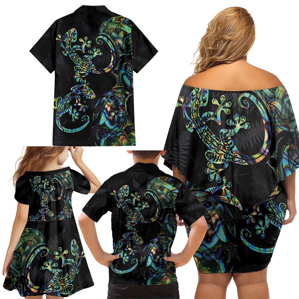New Zealand Gecko Maori Art Tattoo Family Matching Off Shoulder Short Dress and Hawaiian Shirt Silver Fern and Paua Shell Mode LT03 - Polynesian Pride