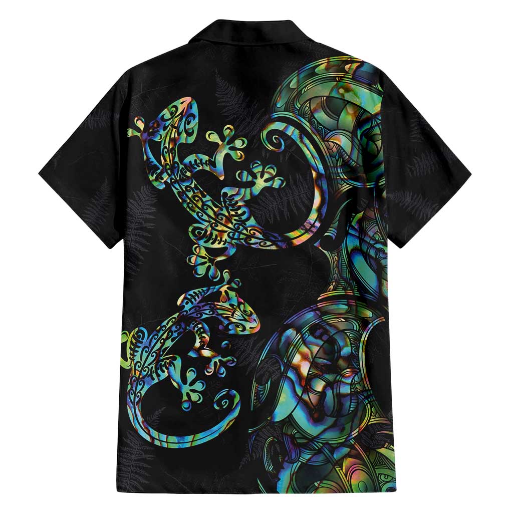 New Zealand Gecko Maori Art Tattoo Family Matching Off Shoulder Short Dress and Hawaiian Shirt Silver Fern and Paua Shell Mode LT03 - Polynesian Pride