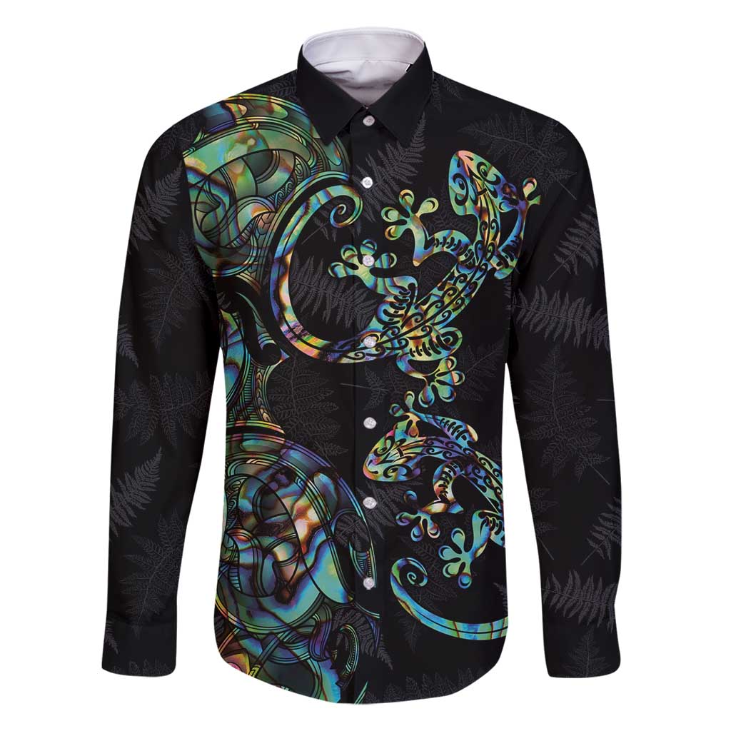 New Zealand Gecko Maori Art Tattoo Family Matching Off Shoulder Short Dress and Hawaiian Shirt Silver Fern and Paua Shell Mode LT03 Dad's Shirt - Long Sleeve Black - Polynesian Pride