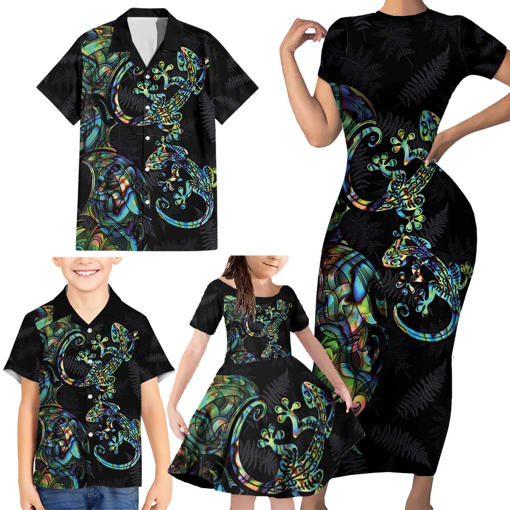 New Zealand Gecko Maori Art Tattoo Family Matching Short Sleeve Bodycon Dress and Hawaiian Shirt Silver Fern and Paua Shell Mode LT03 - Polynesian Pride