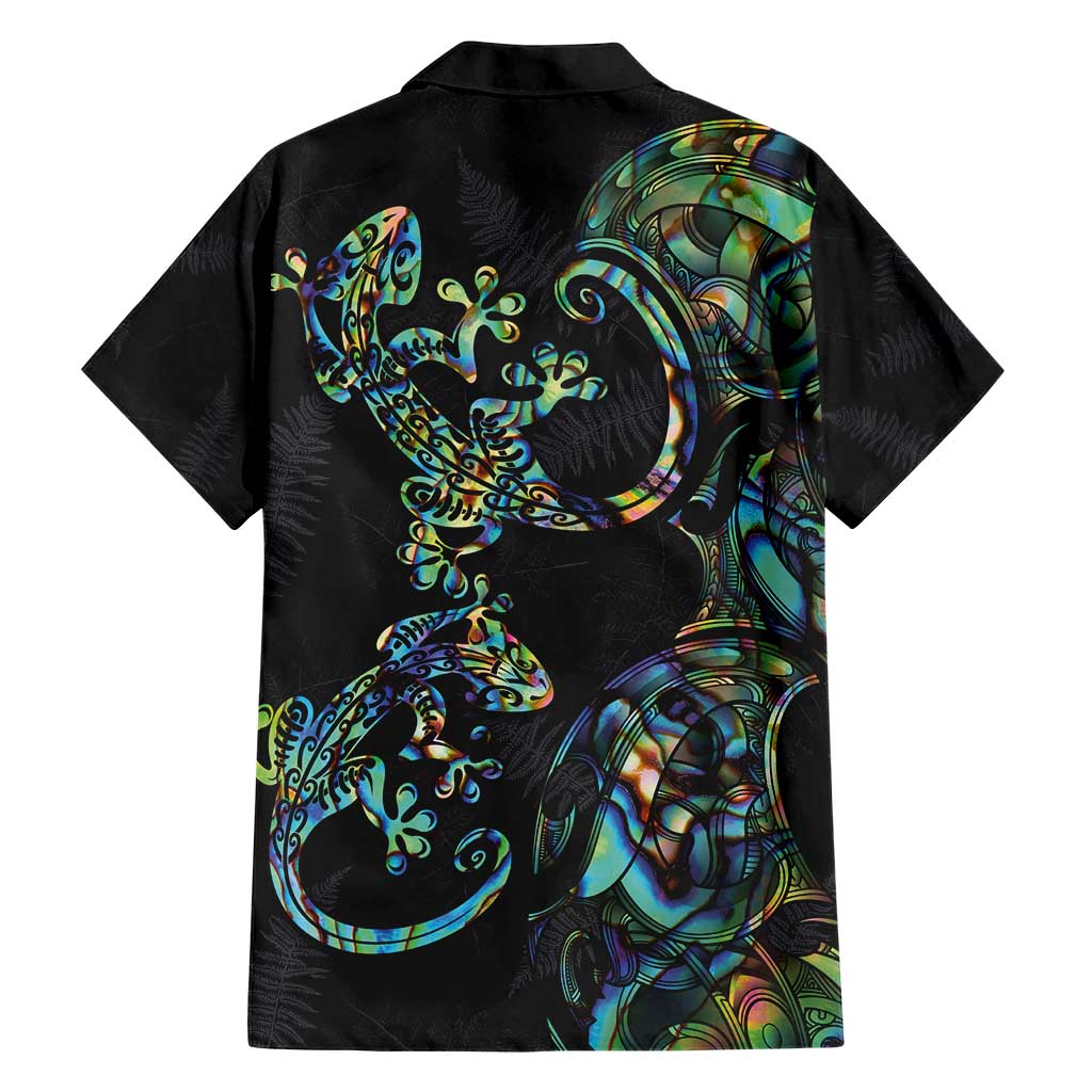 New Zealand Gecko Maori Art Tattoo Family Matching Short Sleeve Bodycon Dress and Hawaiian Shirt Silver Fern and Paua Shell Mode LT03 - Polynesian Pride
