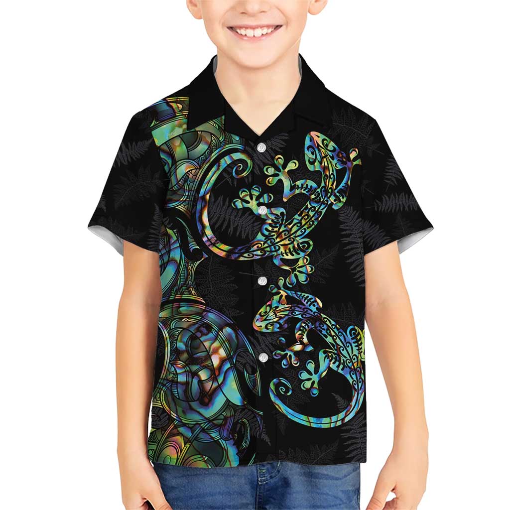 New Zealand Gecko Maori Art Tattoo Family Matching Short Sleeve Bodycon Dress and Hawaiian Shirt Silver Fern and Paua Shell Mode LT03 Son's Shirt Black - Polynesian Pride