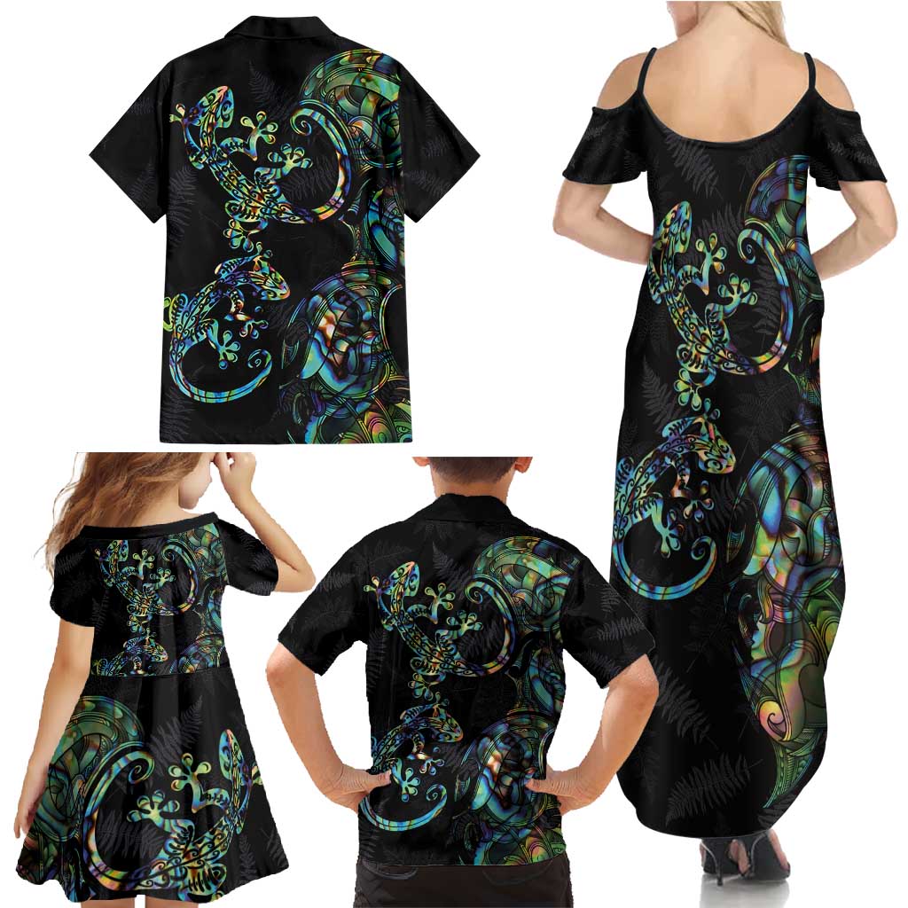 New Zealand Gecko Maori Art Tattoo Family Matching Summer Maxi Dress and Hawaiian Shirt Silver Fern and Paua Shell Mode LT03 - Polynesian Pride