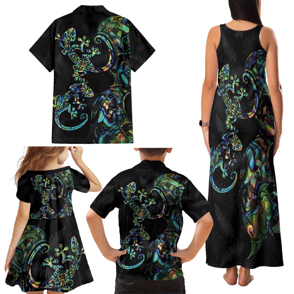New Zealand Gecko Maori Art Tattoo Family Matching Tank Maxi Dress and Hawaiian Shirt Silver Fern and Paua Shell Mode LT03 - Polynesian Pride