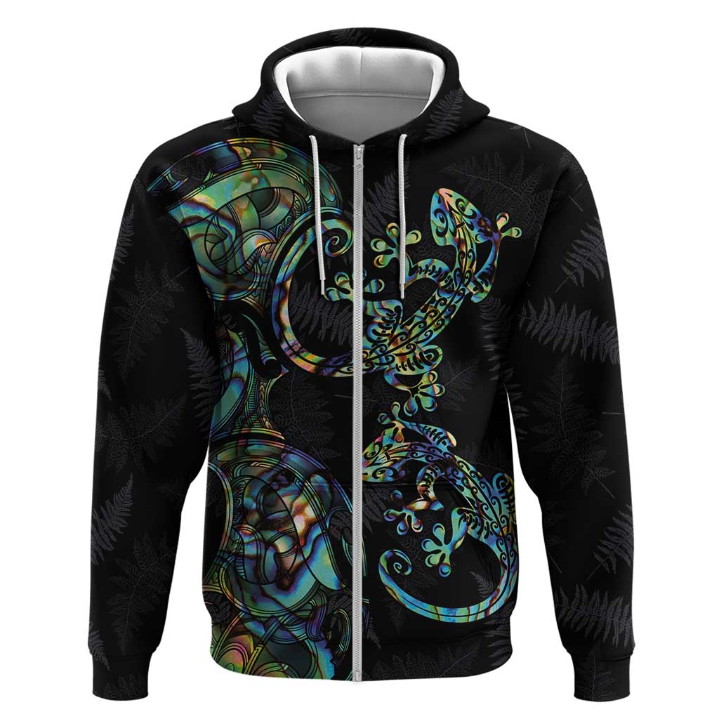 New Zealand Gecko Maori Art Tattoo Hoodie Silver Fern and Paua Shell Mode LT03 Zip Hoodie Black - Polynesian Pride