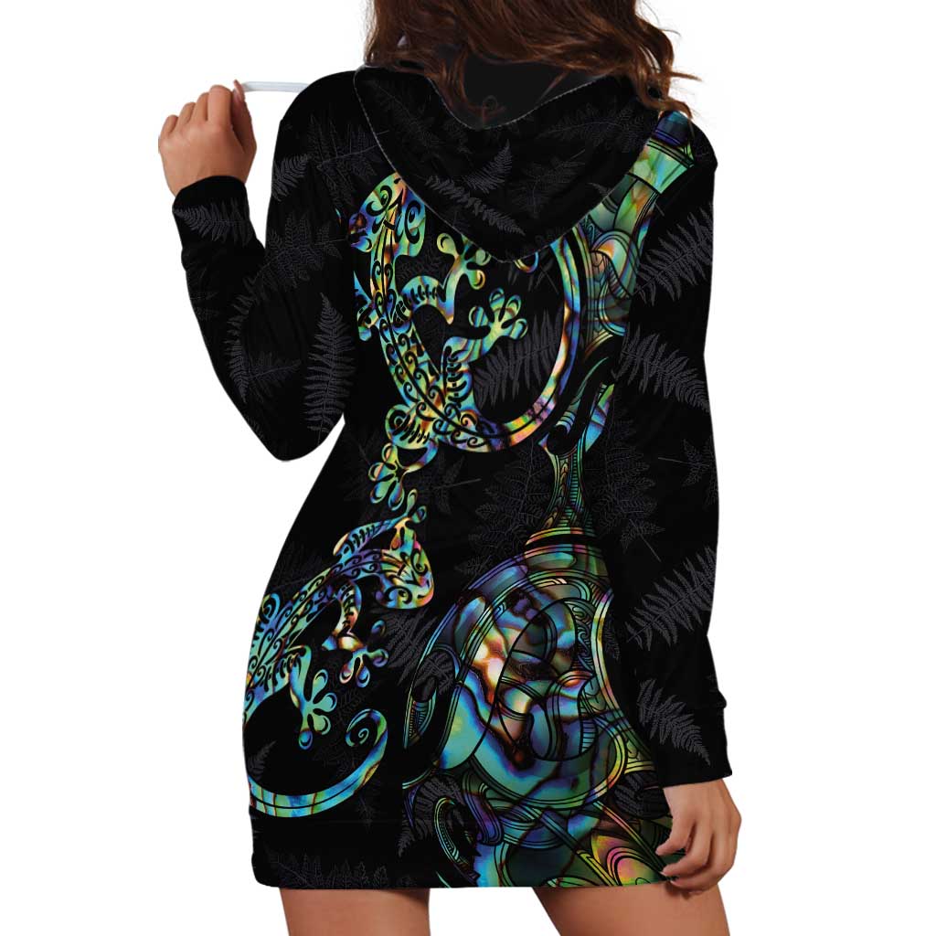 New Zealand Gecko Maori Art Tattoo Hoodie Dress Silver Fern and Paua Shell Mode LT03 - Polynesian Pride