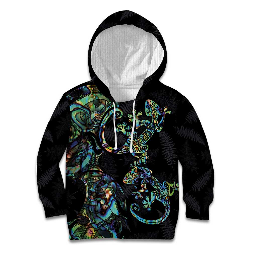 New Zealand Gecko Maori Art Tattoo Kid Hoodie Silver Fern and Paua Shell Mode LT03 Hoodie Black - Polynesian Pride