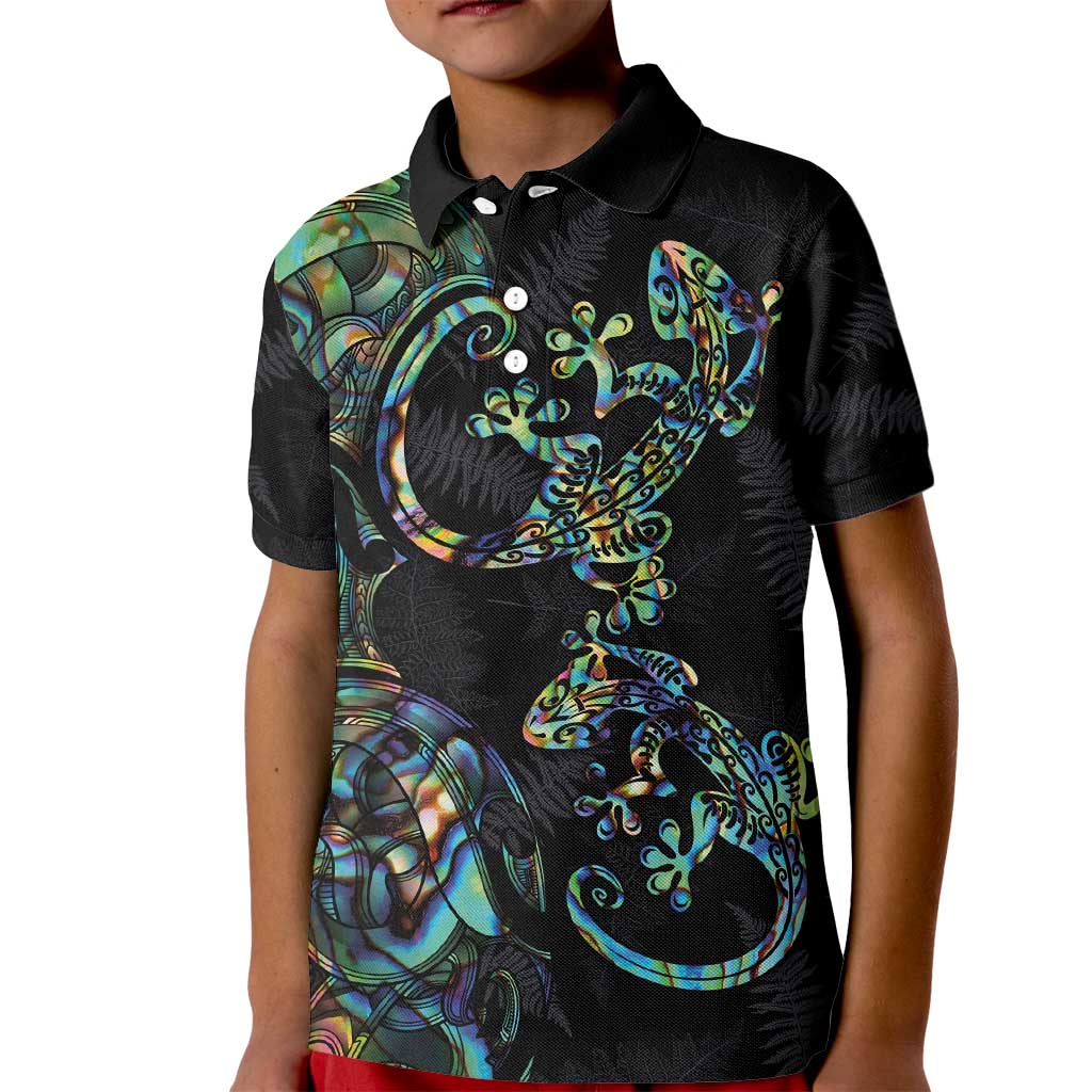 New Zealand Gecko Maori Art Tattoo Kid Polo Shirt Silver Fern and Paua Shell Mode