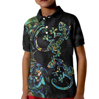New Zealand Gecko Maori Art Tattoo Kid Polo Shirt Silver Fern and Paua Shell Mode LT03 Kid Black - Polynesian Pride