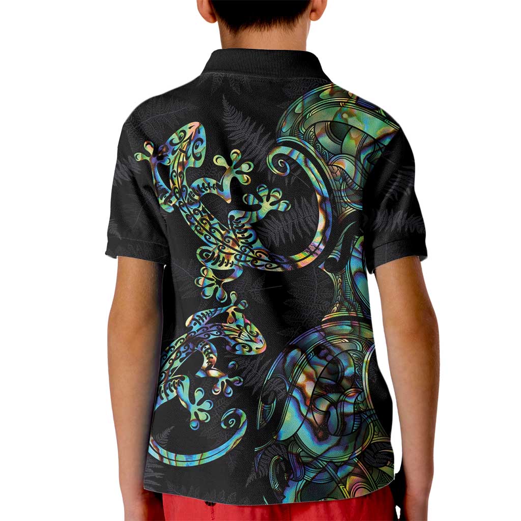 New Zealand Gecko Maori Art Tattoo Kid Polo Shirt Silver Fern and Paua Shell Mode LT03 - Polynesian Pride