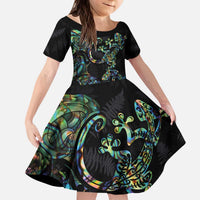 New Zealand Gecko Maori Art Tattoo Kid Short Sleeve Dress Silver Fern and Paua Shell Mode LT03 KID Black - Polynesian Pride