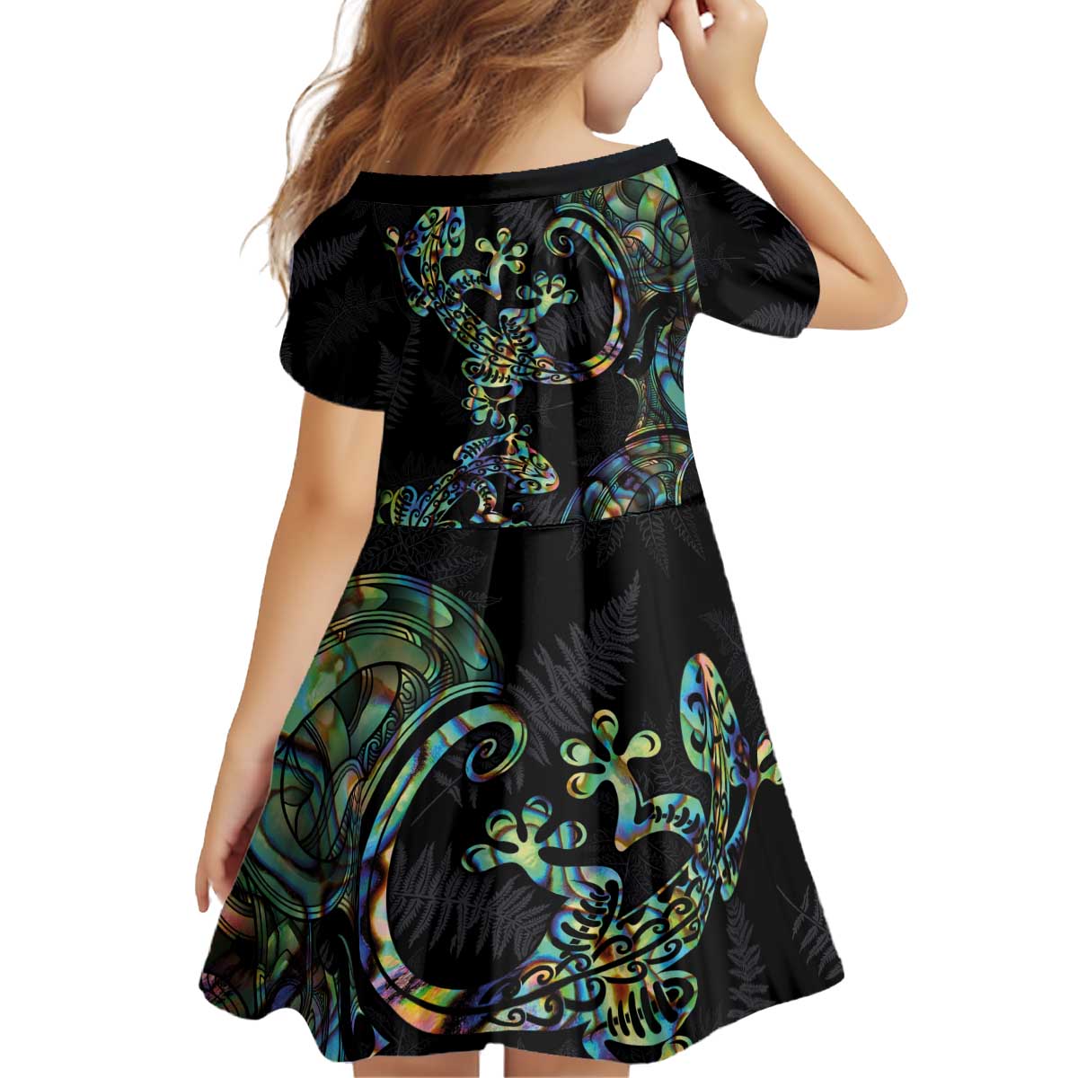 New Zealand Gecko Maori Art Tattoo Kid Short Sleeve Dress Silver Fern and Paua Shell Mode LT03 - Polynesian Pride