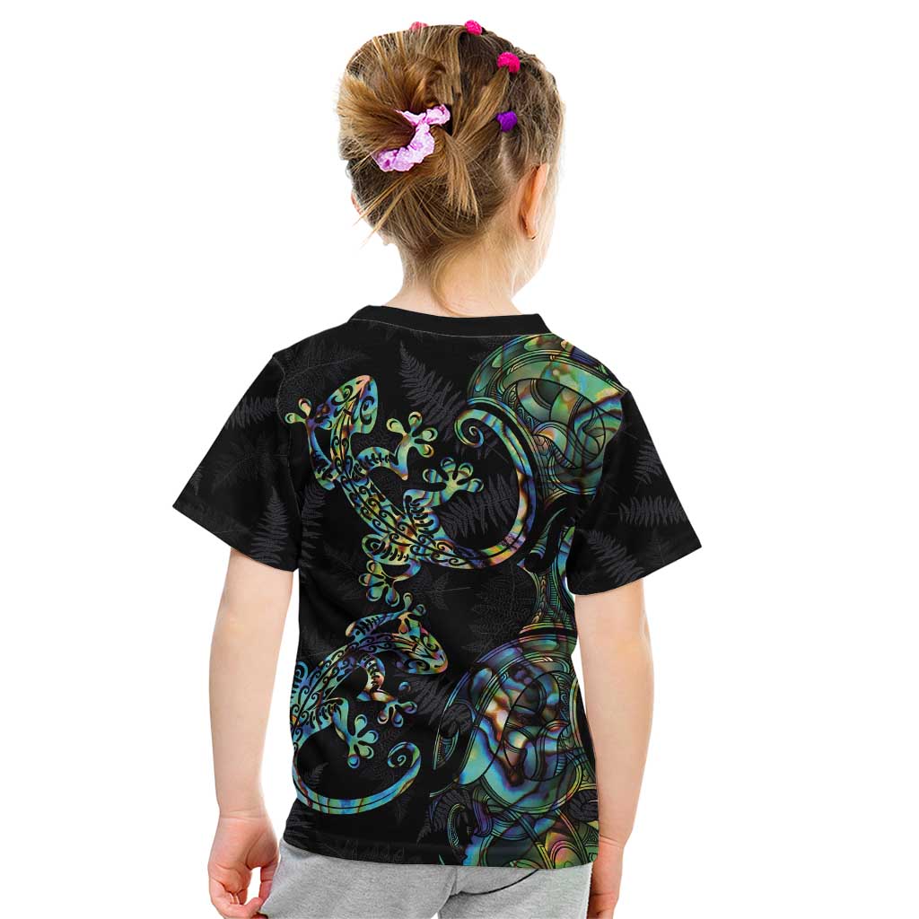 New Zealand Gecko Maori Art Tattoo Kid T Shirt Silver Fern and Paua Shell Mode LT03 - Polynesian Pride
