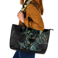 New Zealand Gecko Maori Art Tattoo Leather Tote Bag Silver Fern and Paua Shell Mode LT03 Black - Polynesian Pride