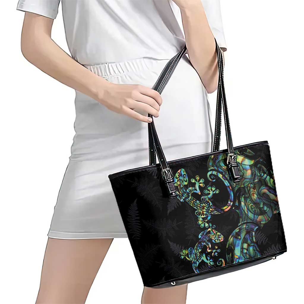 New Zealand Gecko Maori Art Tattoo Leather Tote Bag Silver Fern and Paua Shell Mode LT03 - Polynesian Pride