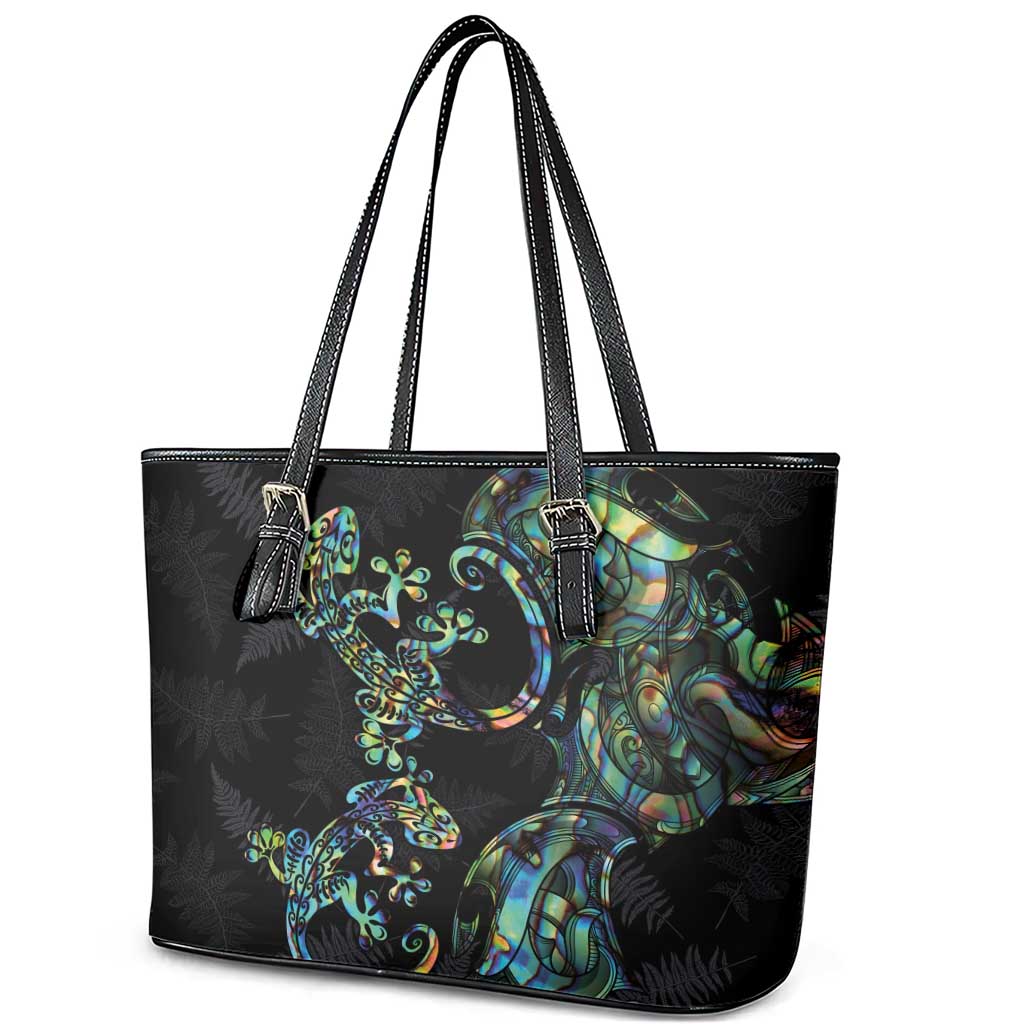 New Zealand Gecko Maori Art Tattoo Leather Tote Bag Silver Fern and Paua Shell Mode LT03 - Polynesian Pride