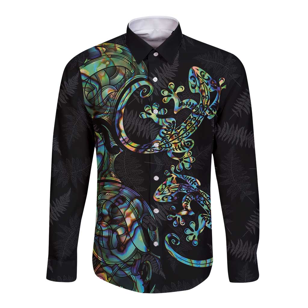 New Zealand Gecko Maori Art Tattoo Long Sleeve Button Shirt Silver Fern and Paua Shell Mode LT03 Unisex Black - Polynesian Pride