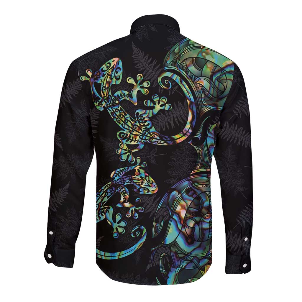 New Zealand Gecko Maori Art Tattoo Long Sleeve Button Shirt Silver Fern and Paua Shell Mode LT03 - Polynesian Pride