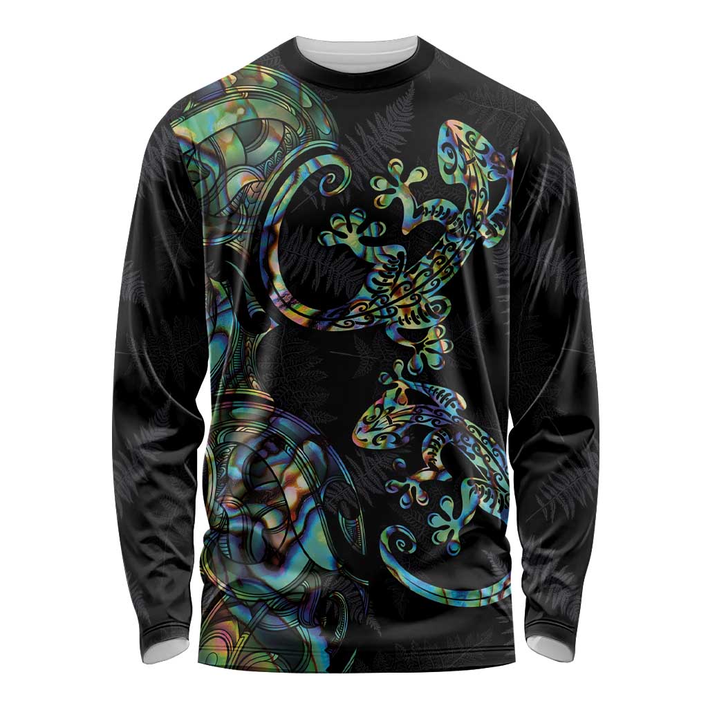New Zealand Gecko Maori Art Tattoo Long Sleeve Shirt Silver Fern and Paua Shell Mode LT03 Unisex Black - Polynesian Pride