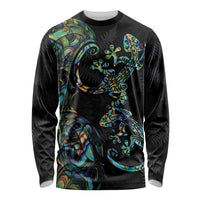 New Zealand Gecko Maori Art Tattoo Long Sleeve Shirt Silver Fern and Paua Shell Mode LT03 Unisex Black - Polynesian Pride