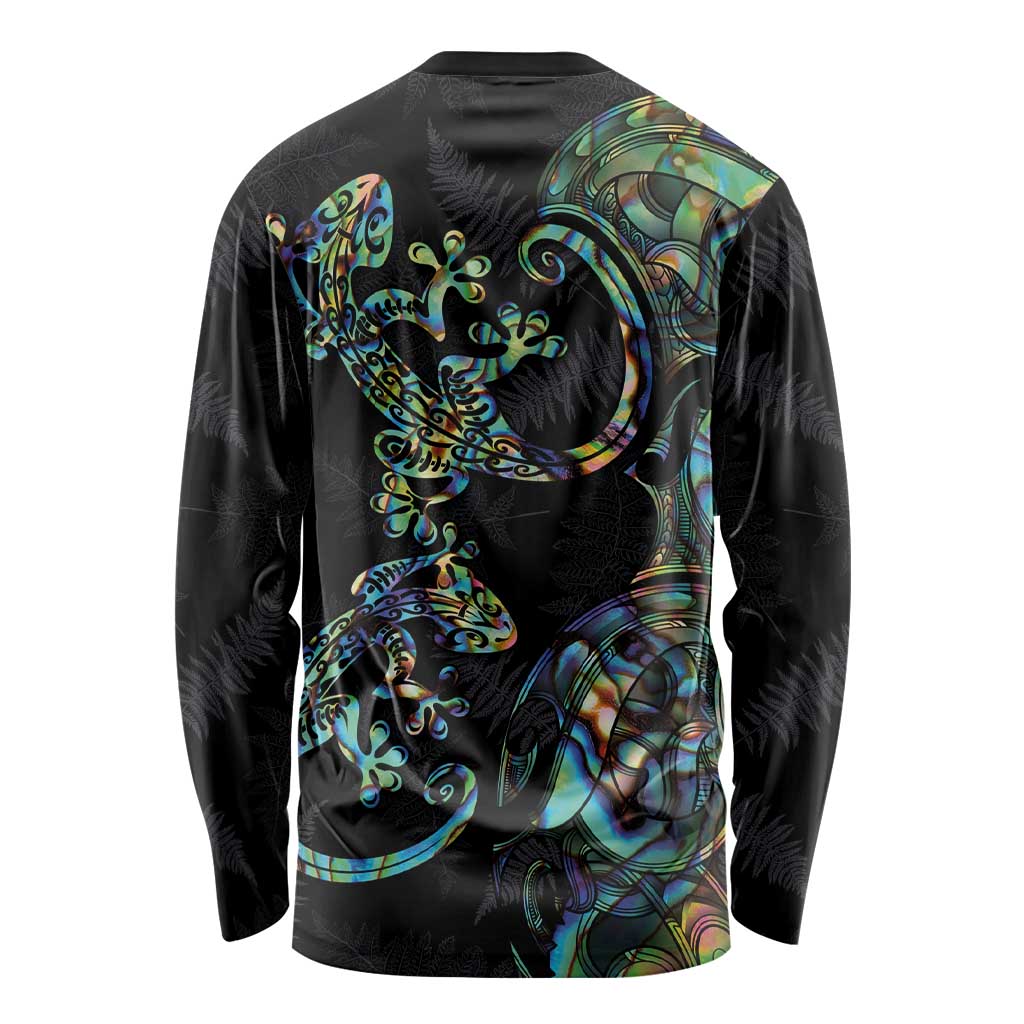 New Zealand Gecko Maori Art Tattoo Long Sleeve Shirt Silver Fern and Paua Shell Mode LT03 - Polynesian Pride