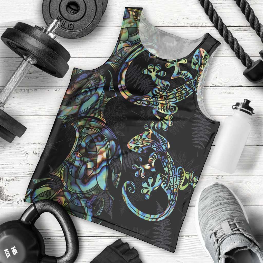 New Zealand Gecko Maori Art Tattoo Men Tank Top Silver Fern and Paua Shell Mode LT03 - Polynesian Pride