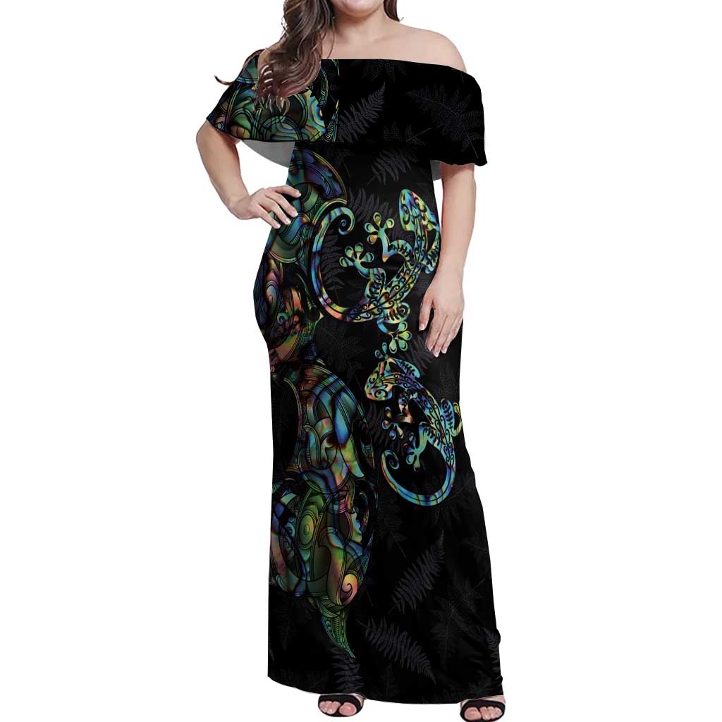 New Zealand Gecko Maori Art Tattoo Off Shoulder Maxi Dress Silver Fern and Paua Shell Mode LT03 Women Black - Polynesian Pride